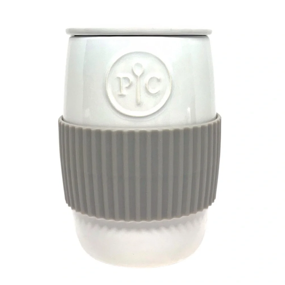 Pampered Chef Microwave Egg Cooker White Ceramic Mug with Gray Silicone Grip EUC